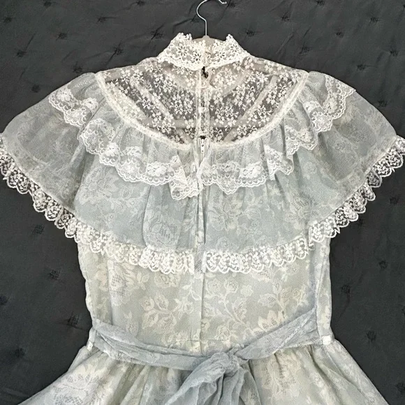 VTG Gunne Sax Jessica McClintock 70s Prairie Lace Prom Dress Pale Mint Size 7 - Picture 6 of 14